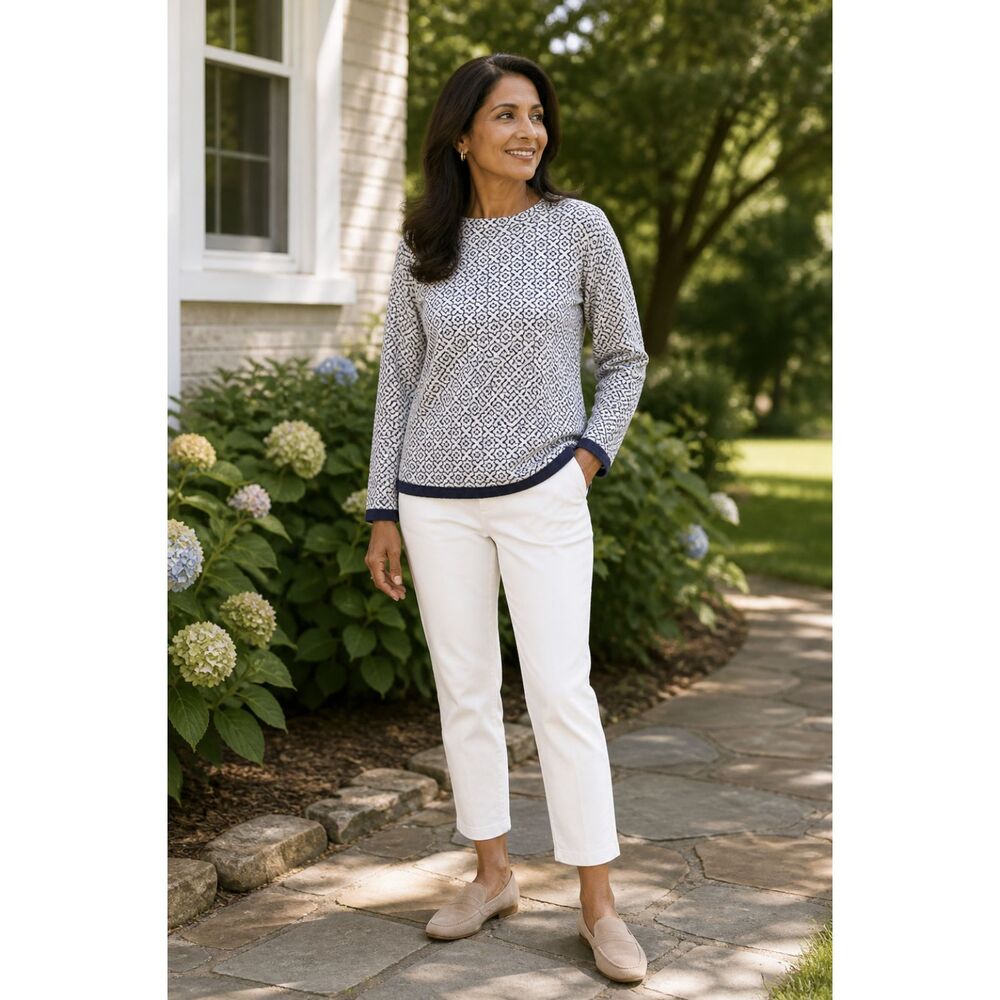 Talbots Navy & White Geometric Print Tie Hem Sweater Top Women’s Large